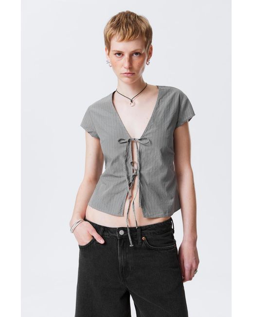 Weekday Gray Tie-Front V-Neck Cotton Blouse