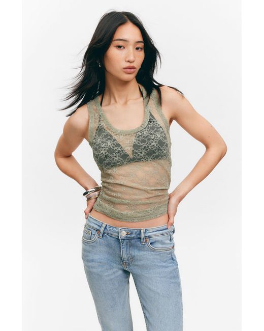Monki Green Sheer Lace Sleeveless Tank Top