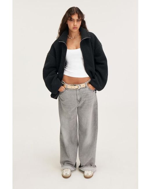 Monki Black Lockere Fleecejacke Mit Reißverschluss