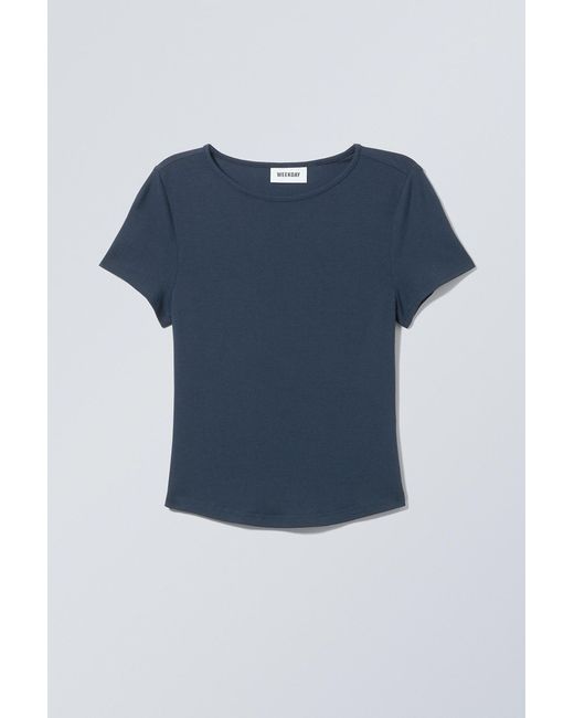 Weekday Blue Curved Hem Fitted Modal T-shirt