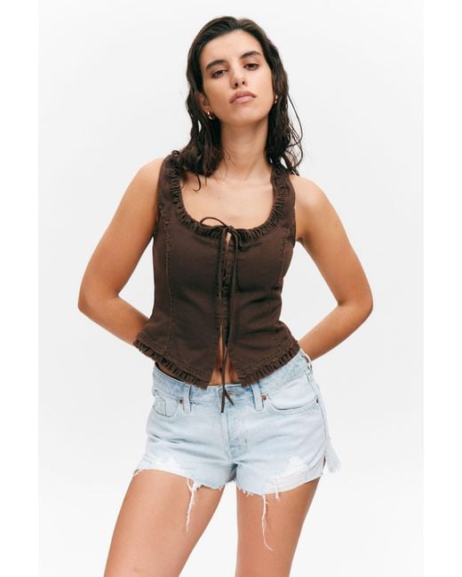 Monki Brown Frill-Trim Twill Corset Top