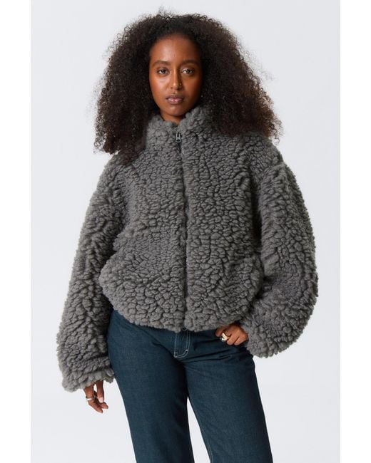 Weekday Gray Oversized Fluffy Zip Jacket