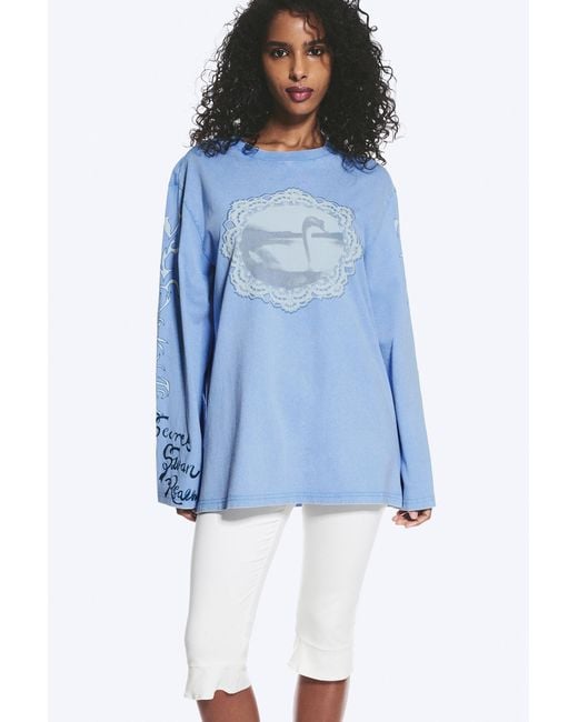Monki Blue Printed Long-Sleeved Cotton T-Shirt