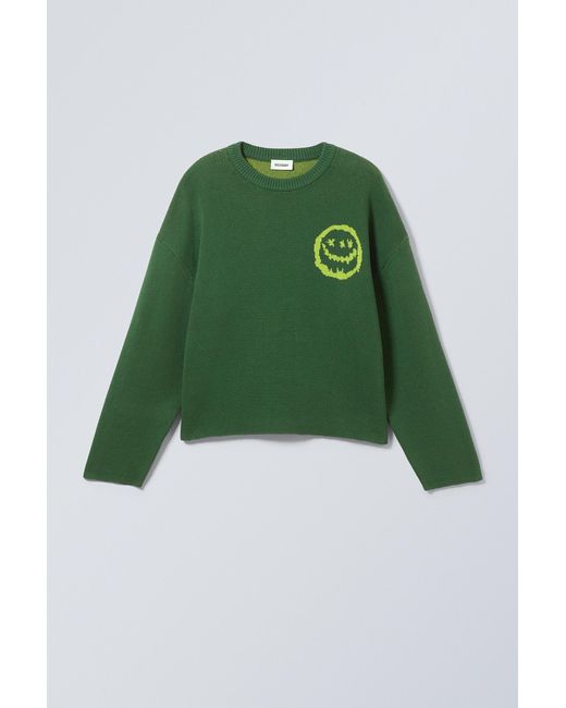 Weekday Green Thin Cotton Graphic Sweater for men