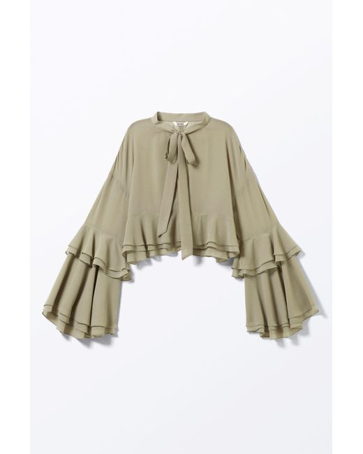 Monki Green Flared Frill-Sleeved Tie-Neck Blouse