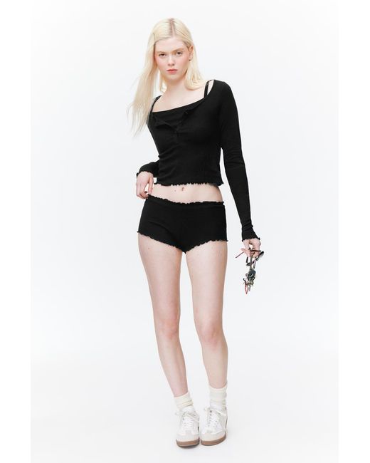 Monki Black Gerippte Mini-Shorts Mit Rüschen