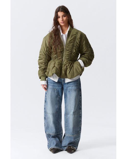 Monki Blue Slim Ruched Peplum Bomber Jacket