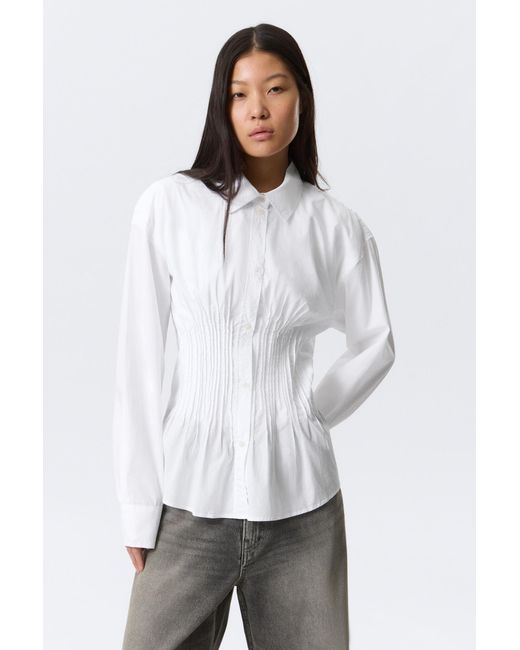 Weekday White Gathered Waist Cotton Poplin Shirt