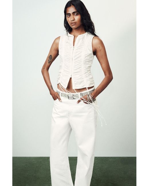 Weekday White Ruched Zip Cotton Poplin Top