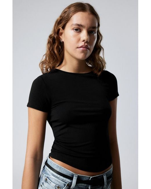 Weekday Black Curved Hem Fitted Modal T-shirt