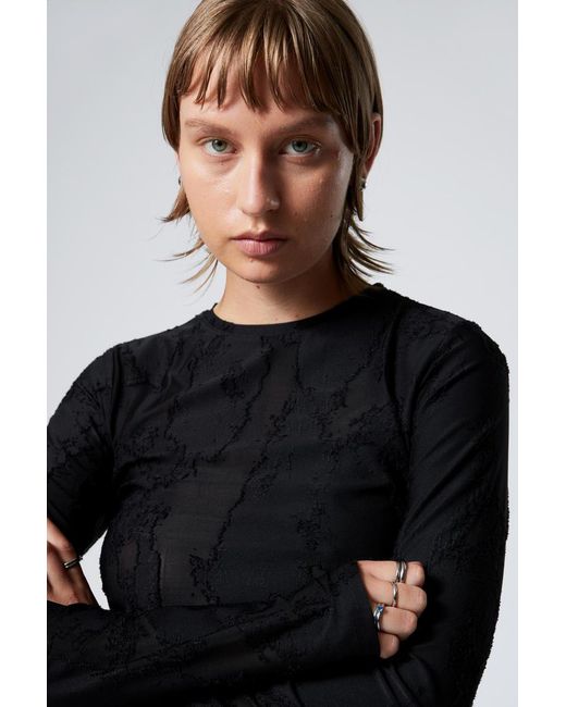 Weekday Black Fitted Long-Sleeve Jacquard Top