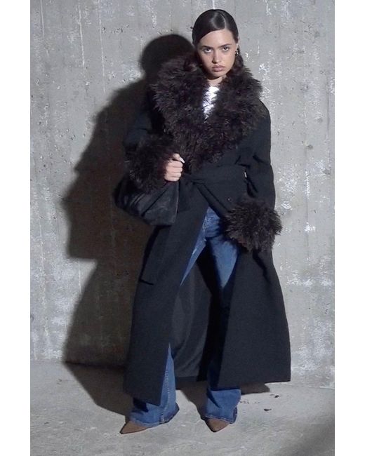 Monki Black Long Oversized Coat With Faux-Fur Trims