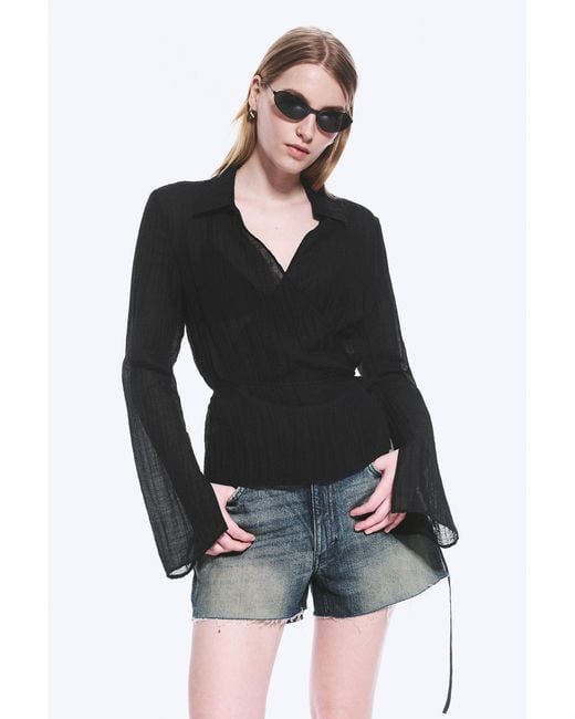 Weekday Black Textured Long-Sleeved Wrap Shirt