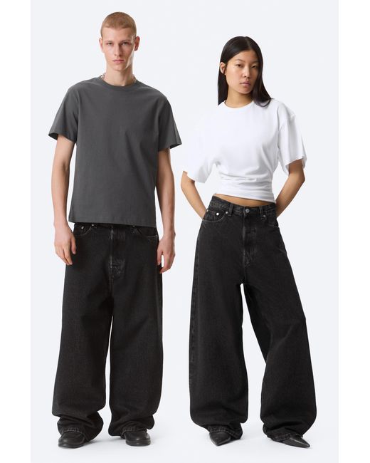 Weekday Black Astro Mid Rise Baggy Faux Leather Pocket Jeans