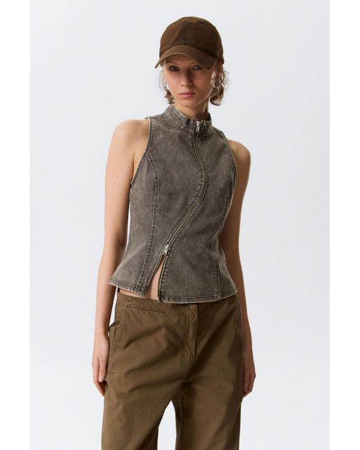 Weekday Brown Curved Zip Sleeveless Top