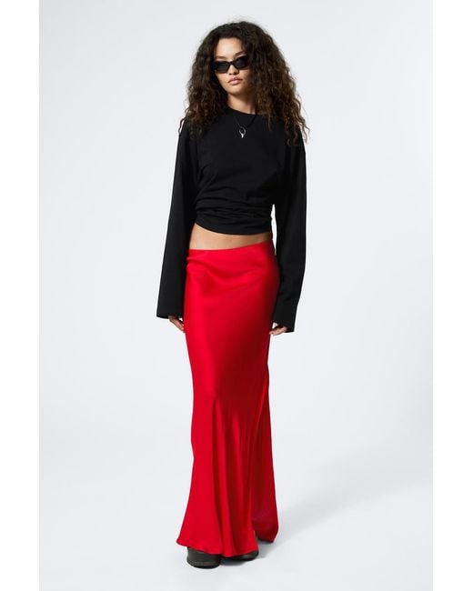 Weekday Red Low Rise Bias-Cut Satin Maxi Skirt