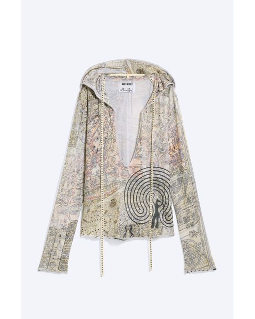 Weekday Gray Printed Hooded Stud Top