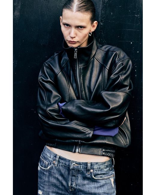 Weekday Blue Oversized Leather Funnel-Neck Jacket