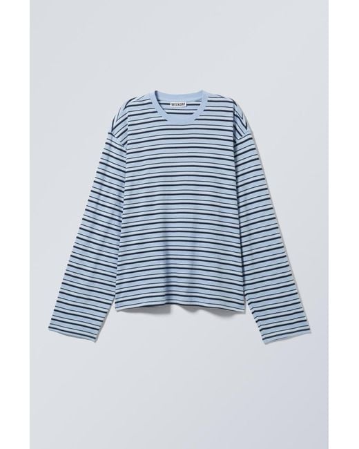 Weekday Blue Boxy Fit Long-Sleeved Striped T-Shirt
