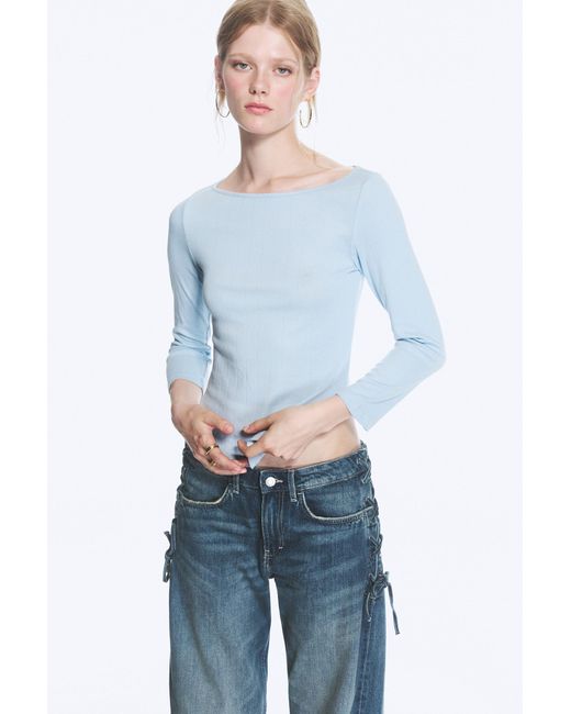 Monki Blue Boatneck Top With Three‑Quarter Sleeves
