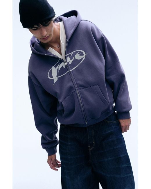 Weekday Blue Loose Graphic Zip Hoodie for men