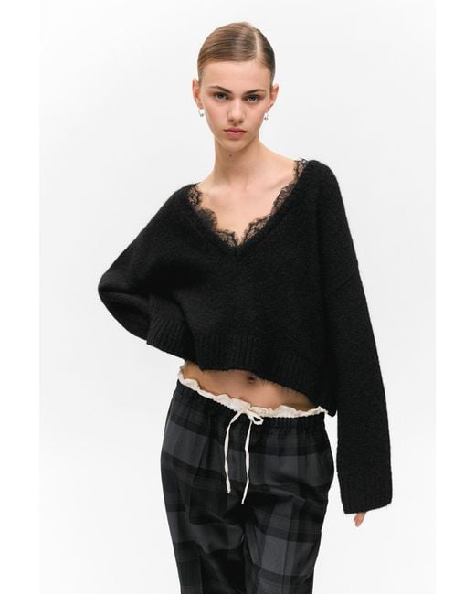 Monki Black Lace-Trimmed V-Neck Sweater
