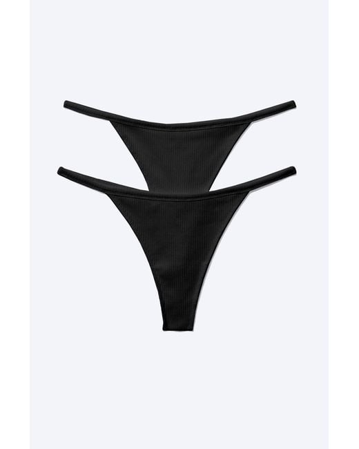 Weekday Black 2-Pack Mid Rise Ribbed Tanga Thongs