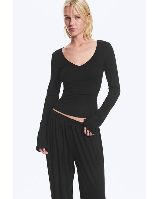 Monki Black Slim V‑Neck Jersey Top