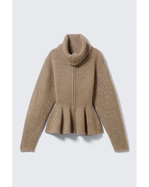 Monki Brown Rib Knit Peplum Zip Sweater