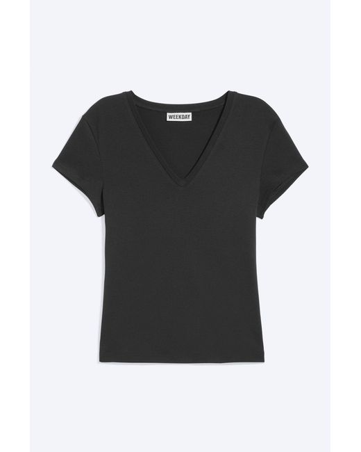 Weekday Black Slim Fit Deep V-Neck T-Shirt
