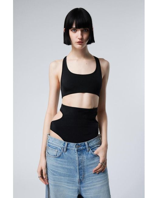 Weekday Black Cut-Out Nylon Bodysuit
