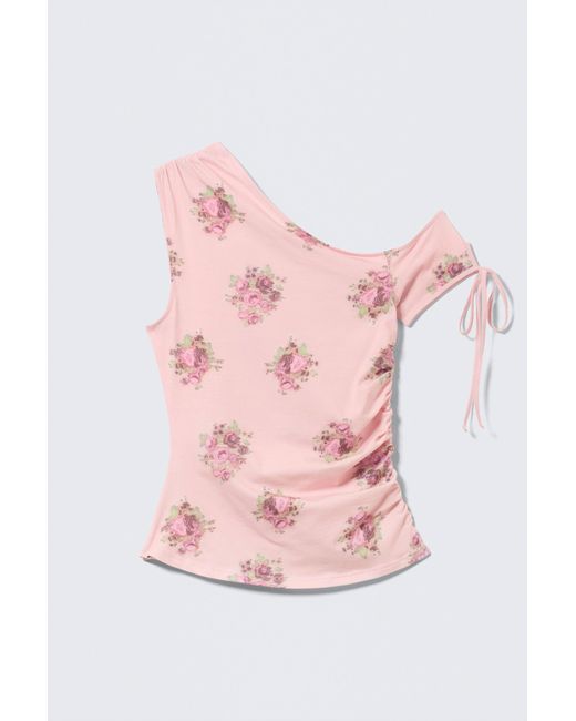 Monki Pink Slim Ruched Off-Shoulder Top