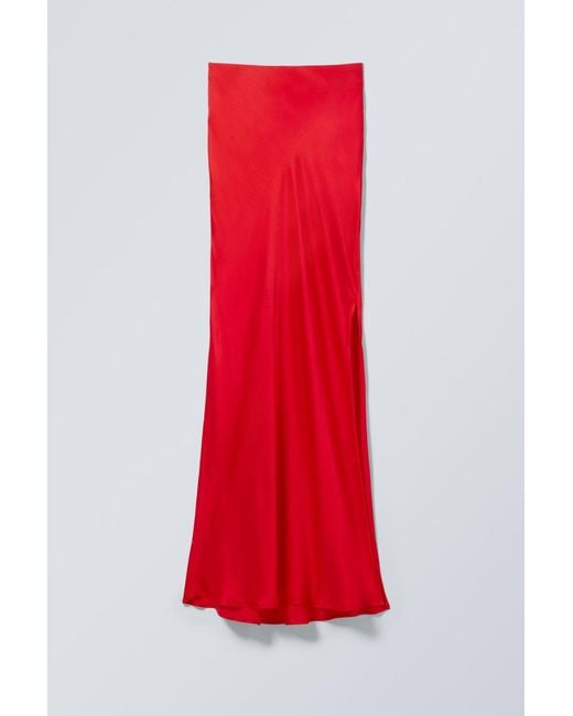 Weekday Red Low Rise Bias-Cut Satin Maxi Skirt