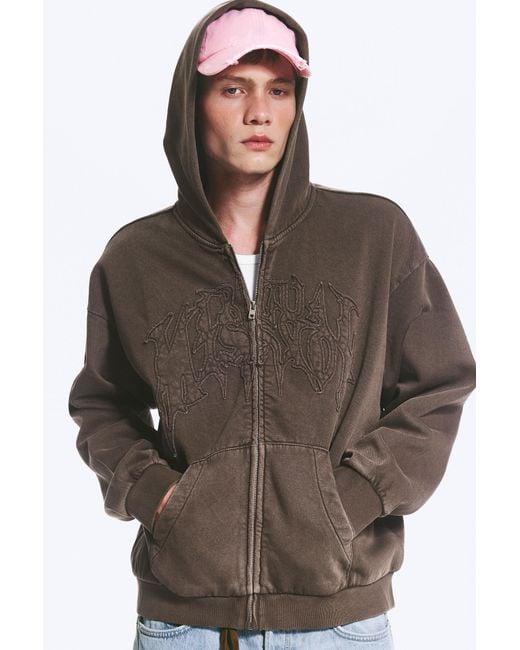Weekday Brown Loose Graphic Zip Hoodie for men