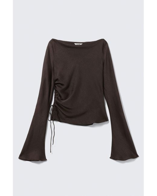 Monki Black Ruched Boat-Neck Trumpet Sleeve Top