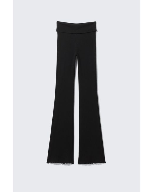 Monki Black Ribbed Fold-Over Waist Flared Trousers