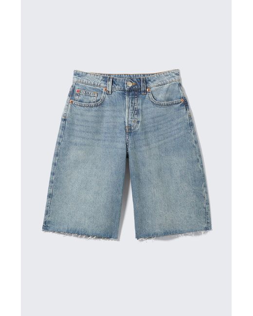 Monki Blue Peggy Low Waist Loose Baggy Leg Denim Shorts