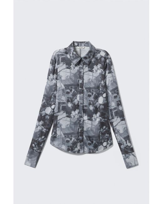 Monki Blue Slim Fit Printed Button-Up Shirt