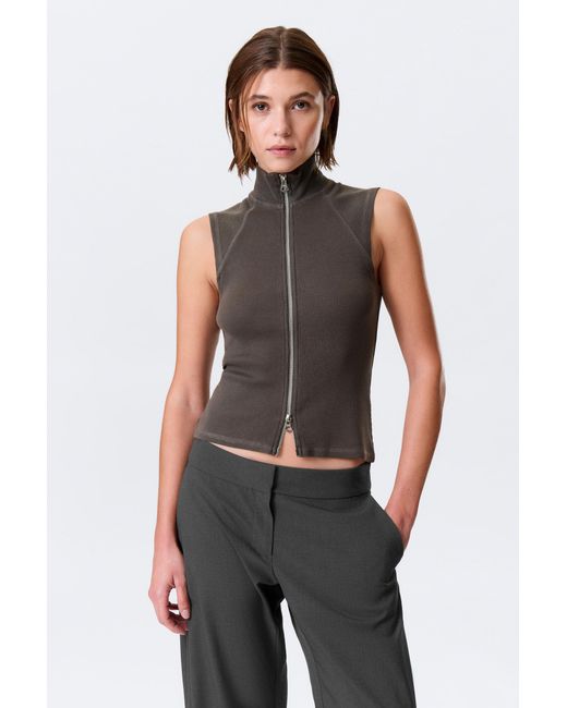 Weekday Gray Ribbed Mock Neck Zip Top
