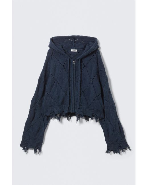Monki Blue Cropped Pointelle Knit Zip Hoodie