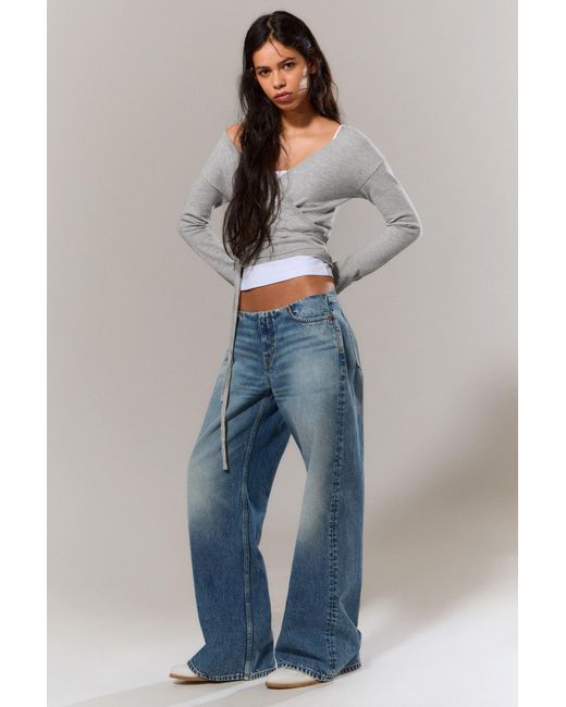 Monki Blue Paz Low Rise No-Waistband Wide Jeans