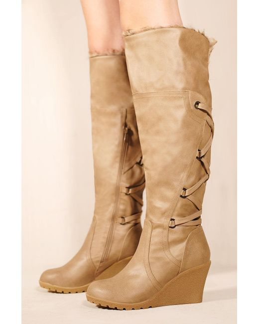Where's That From Bridget Wedge Heel Mid Calf High Boots With Fur & Lace Up  Detail in Green | Lyst
