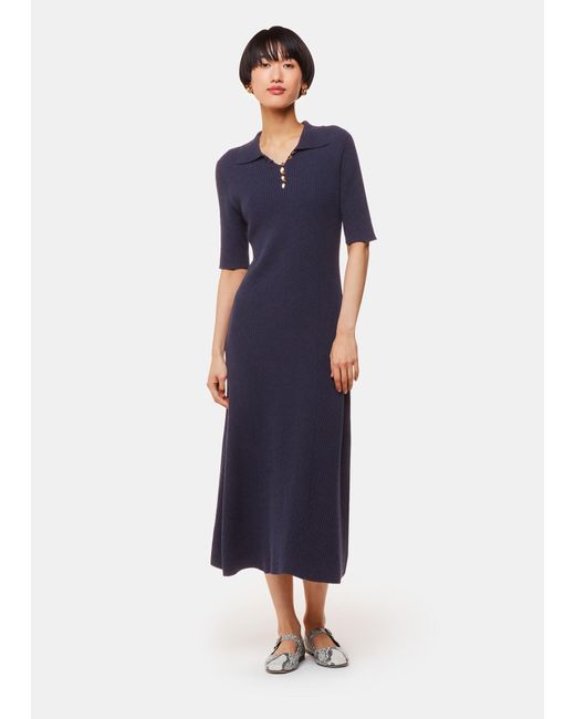 Whistles Blue Knitted Ribbed Midi Dress