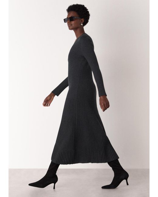 Whistles Black V Neck Cable Ribbed Knit Dress