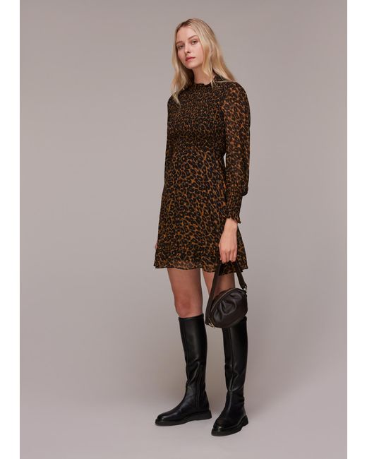 Whistles Brown Classic Leopard Shirred Dress