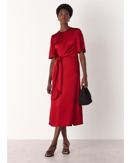 Whistles Red Satin Twist Waist Midi Dress