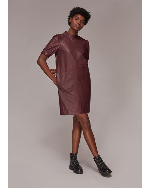 Whistles Purple Puff Sleeve Leather Dress
