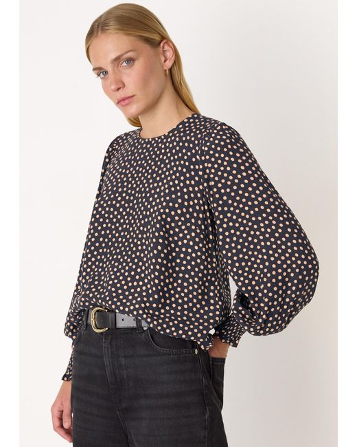 Whistles Gray Spot Shirred Cuff Blouse