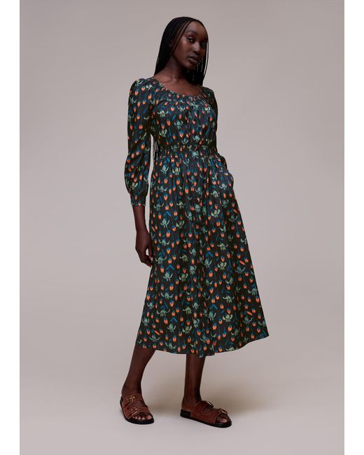 Whistles Multicolor Tulips Print Poplin Midi Dress