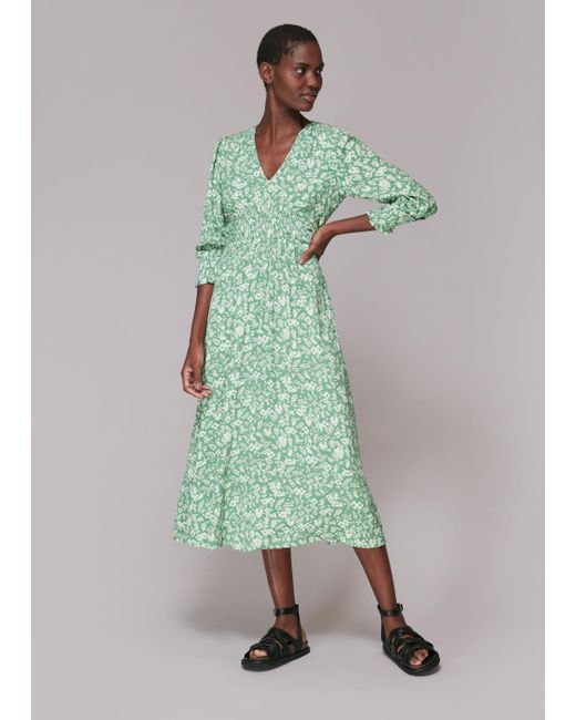 Whistles Green Shirred Wheat Floral Dress